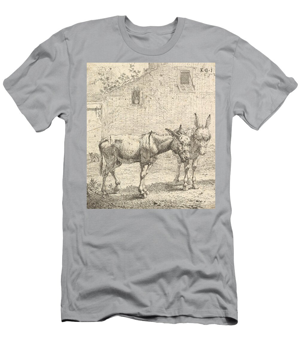 Two Donkeys Standing in a Grassy Yard One in Profile View Facing Right Karel Dujardin T-Shirt