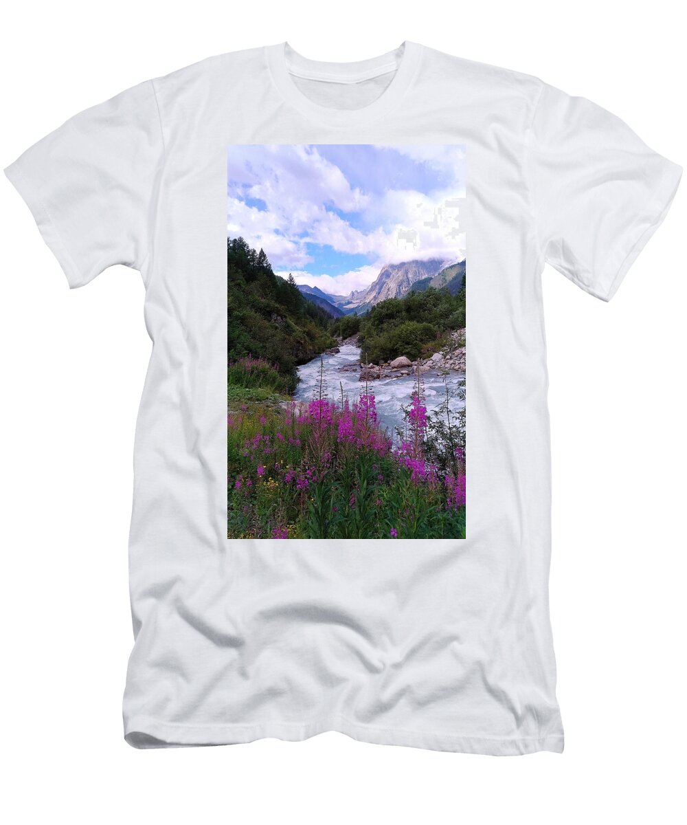 Two Pyramids and Purple Epilobes Under the Mont Blanc Daniele Gennaro T-Shirt