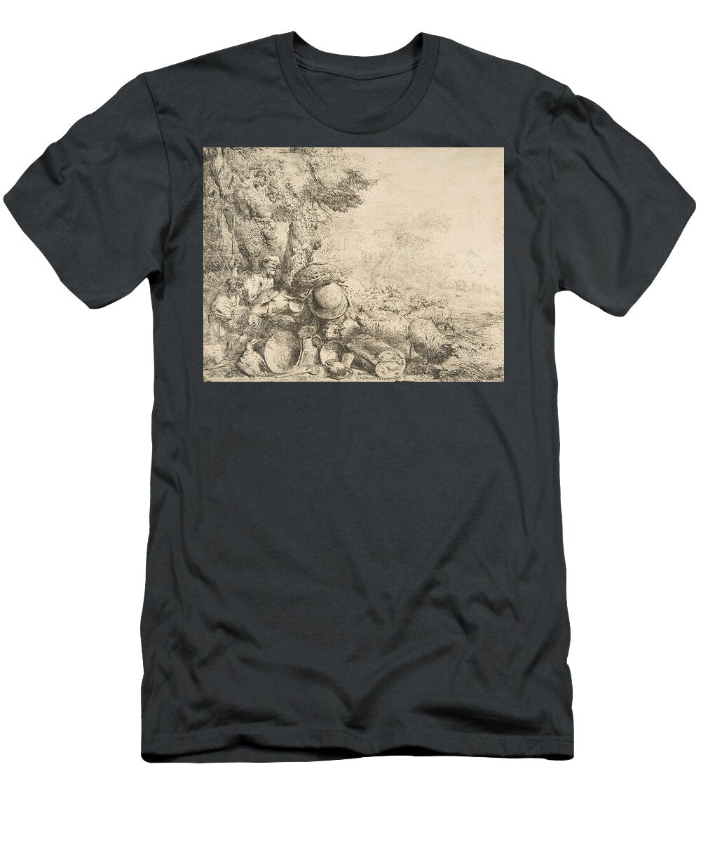 Two Shepherds a Donkey and Other Animals in a Landscape Giovanni Benedetto Castiglione T-Shirt