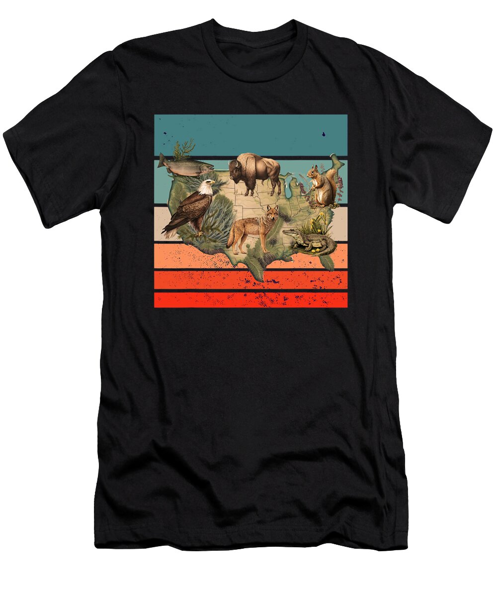 United States Map Salmon Bald Eagle Bison Coyote Maisie Jackson T-Shirt