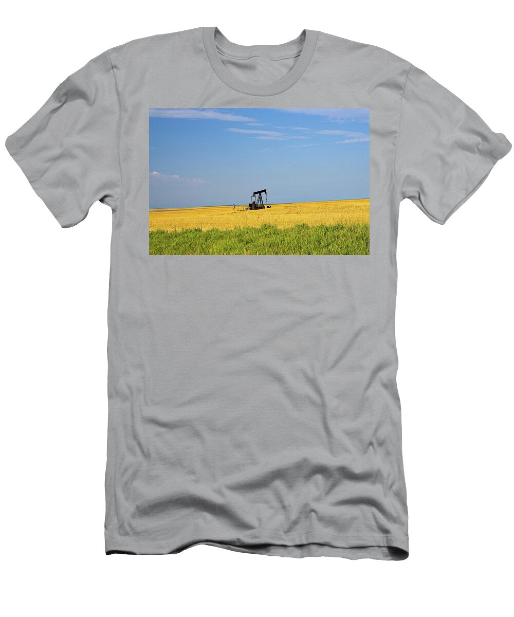 USA Kansas Oil Pump on Wheat Field Claudia Uripos T-Shirt