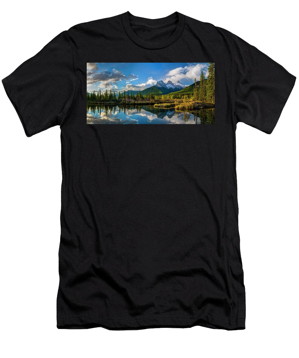 View of Beaver Pond and Three Sisters Panoramic Images T-Shirt