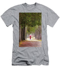 Walking on a Rainy Trail in Woods with Red Umbrella April Lu T-Shirt