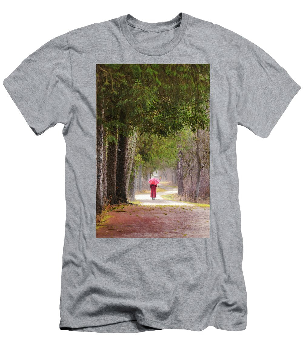 Walking on a Rainy Trail in Woods with Red Umbrella April Lu T-Shirt
