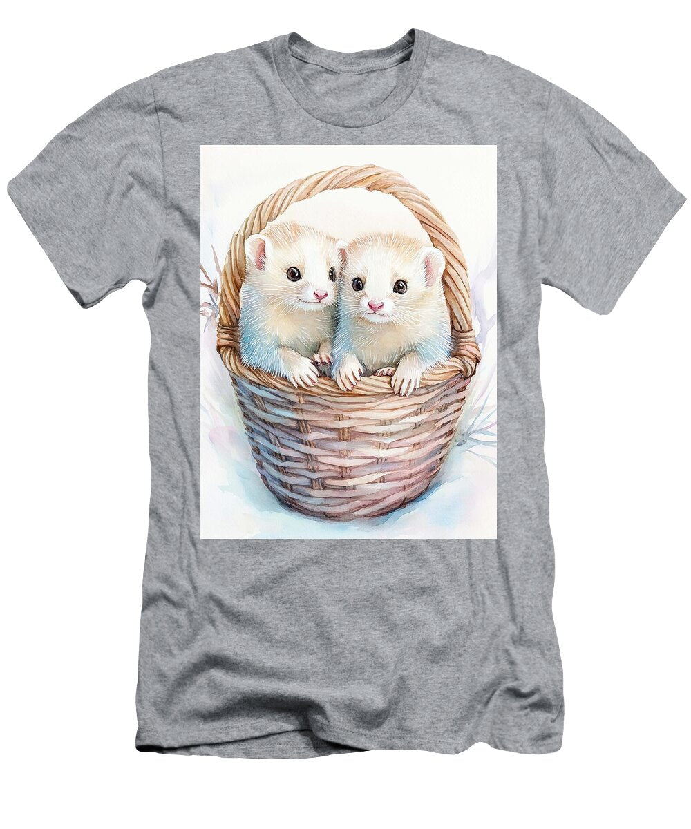 Watercolor Animal Art Two Baby Ferrets Playing in a Basket with Tan and White Fur Adorable Ferret Pa Henry George T-Shirt