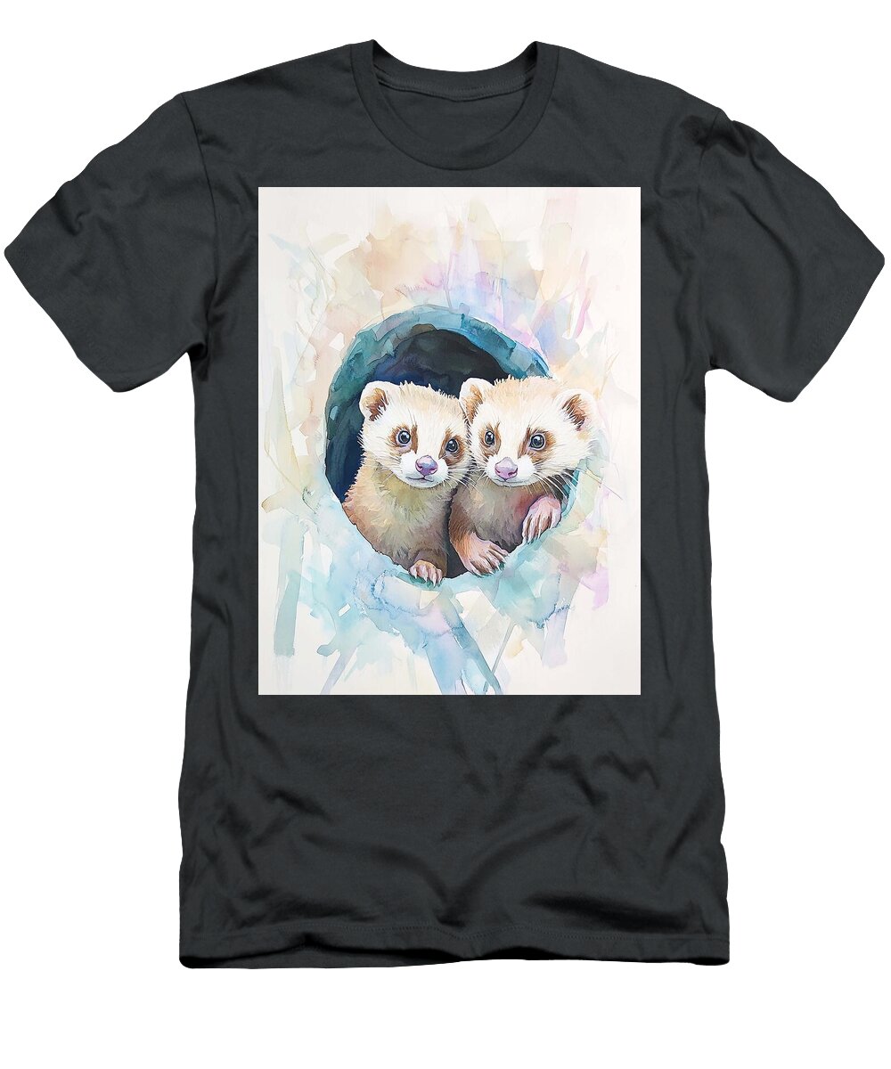 Watercolor Animal Art Two Ferrets Playing in a Tunnel with Tan and White Fur Adorable Ferret Pair Henry George T-Shirt