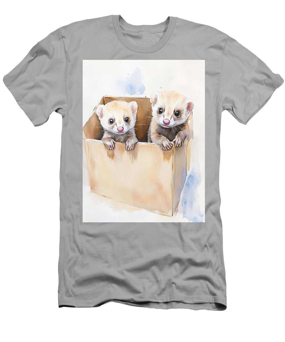 Watercolor Animal Portraits Two Baby Ferrets Exploring a Cardboard Box with Tan and White Fur Cute a Henry George T-Shirt