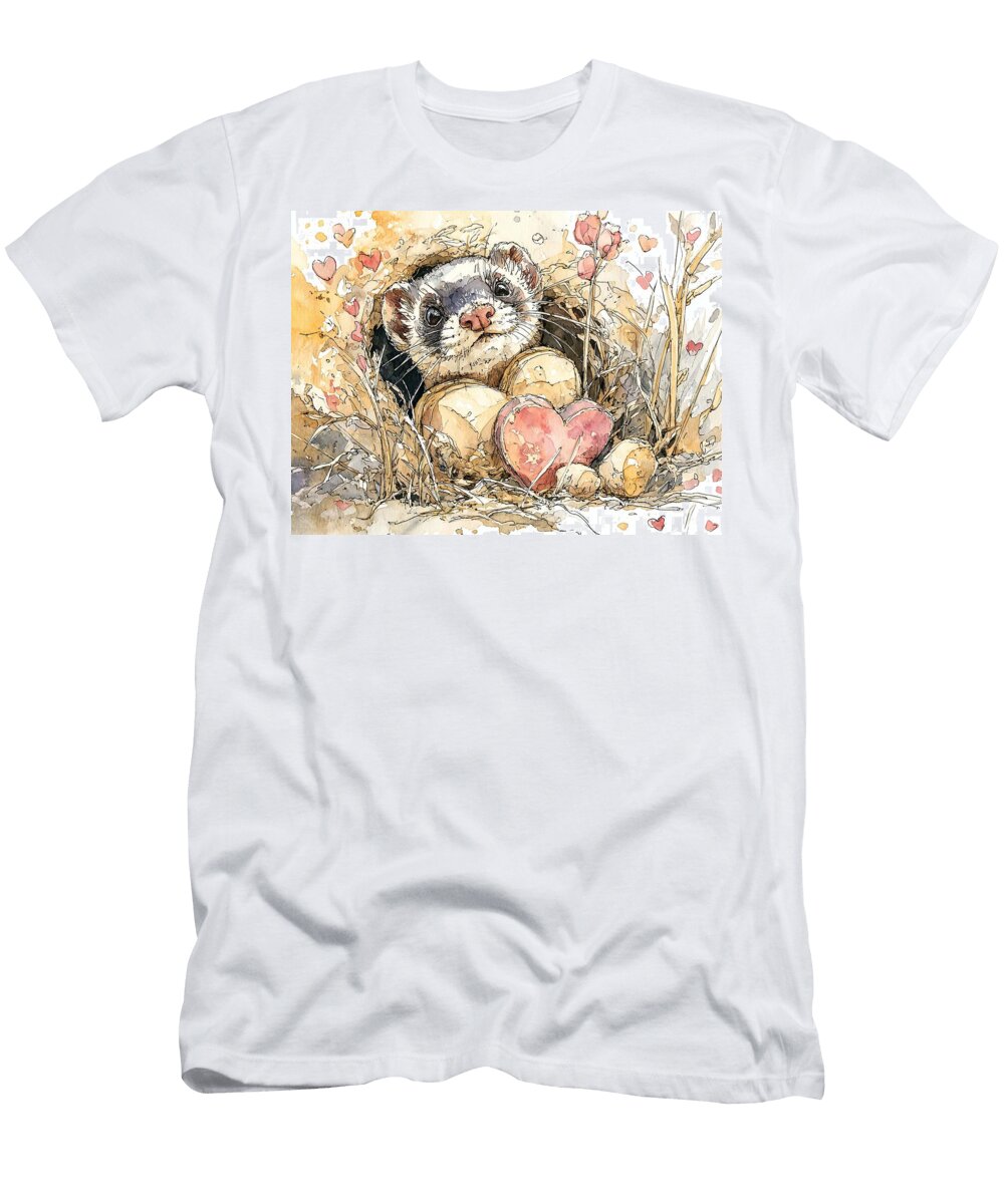 Watercolor Art a Playful Black Footed Ferret Peeking From Its Prairie D Cute Ferret Hidden Treasure Elmer Powers T-Shirt