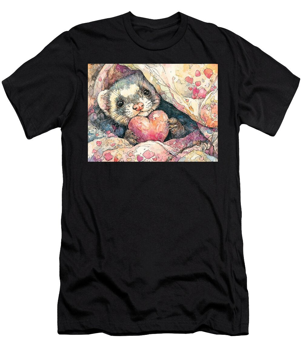 Watercolor Art Heart Filled a Curious Ferret Peeking From a Tunnel Holding a Fuzzy T Cute Ferret Elmer Powers T-Shirt