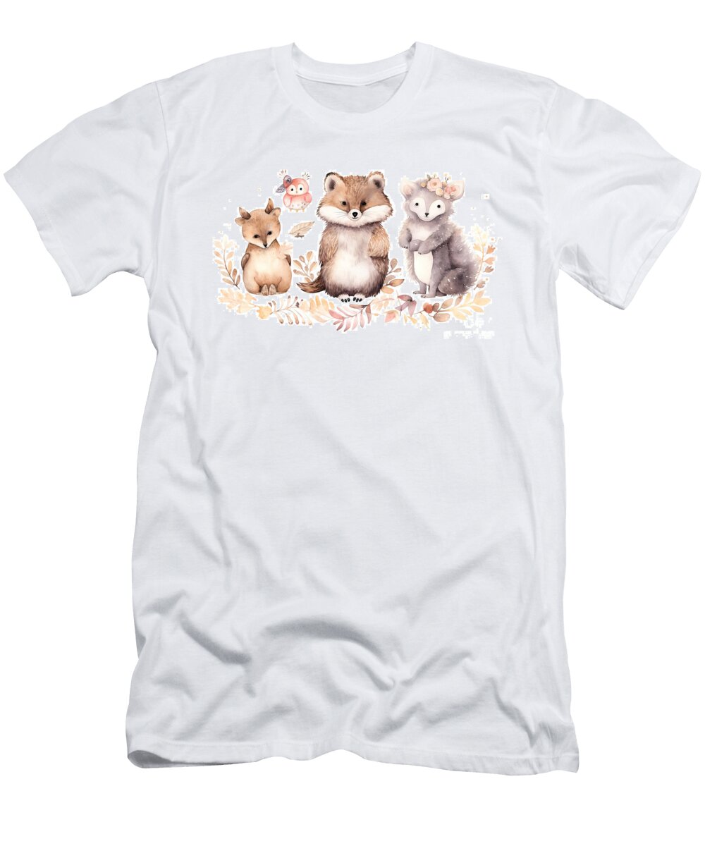 Watercolor Little Owl Bear Deer and Hedgehog Baby and Mother Wat N Akkash T-Shirt