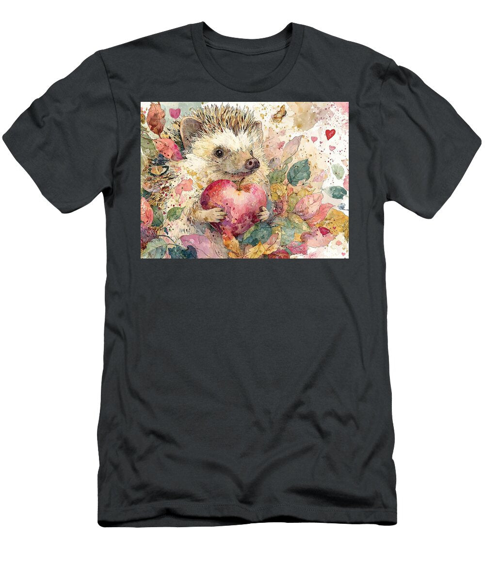 Watercolor Painting a Charming Hedgehog Near Its Nest of Leaves Embracing a Autumnal Scene Hedgehog Elmer Powers T-Shirt