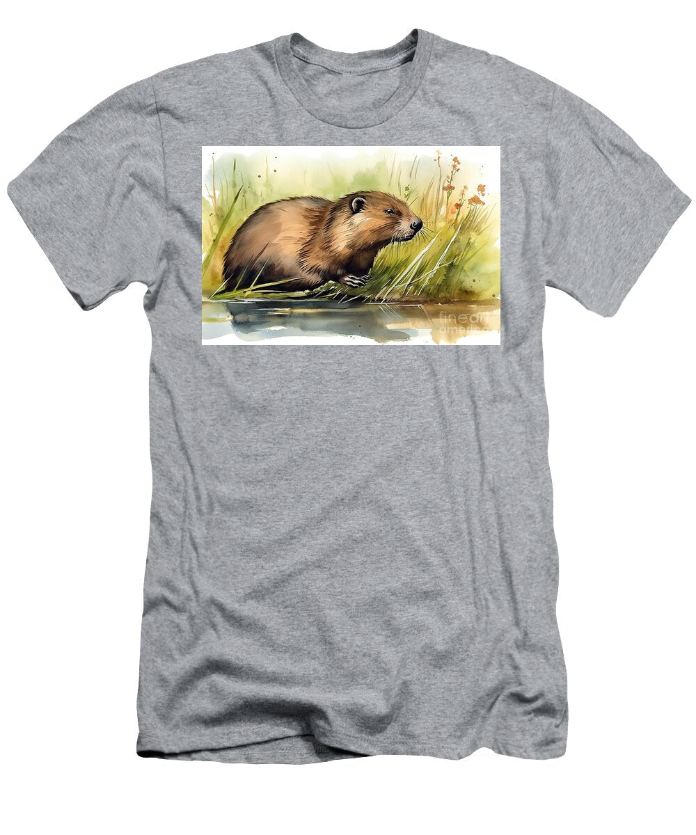 Watercolor Painting of Beaver on Grassy Field N Akkash T-Shirt