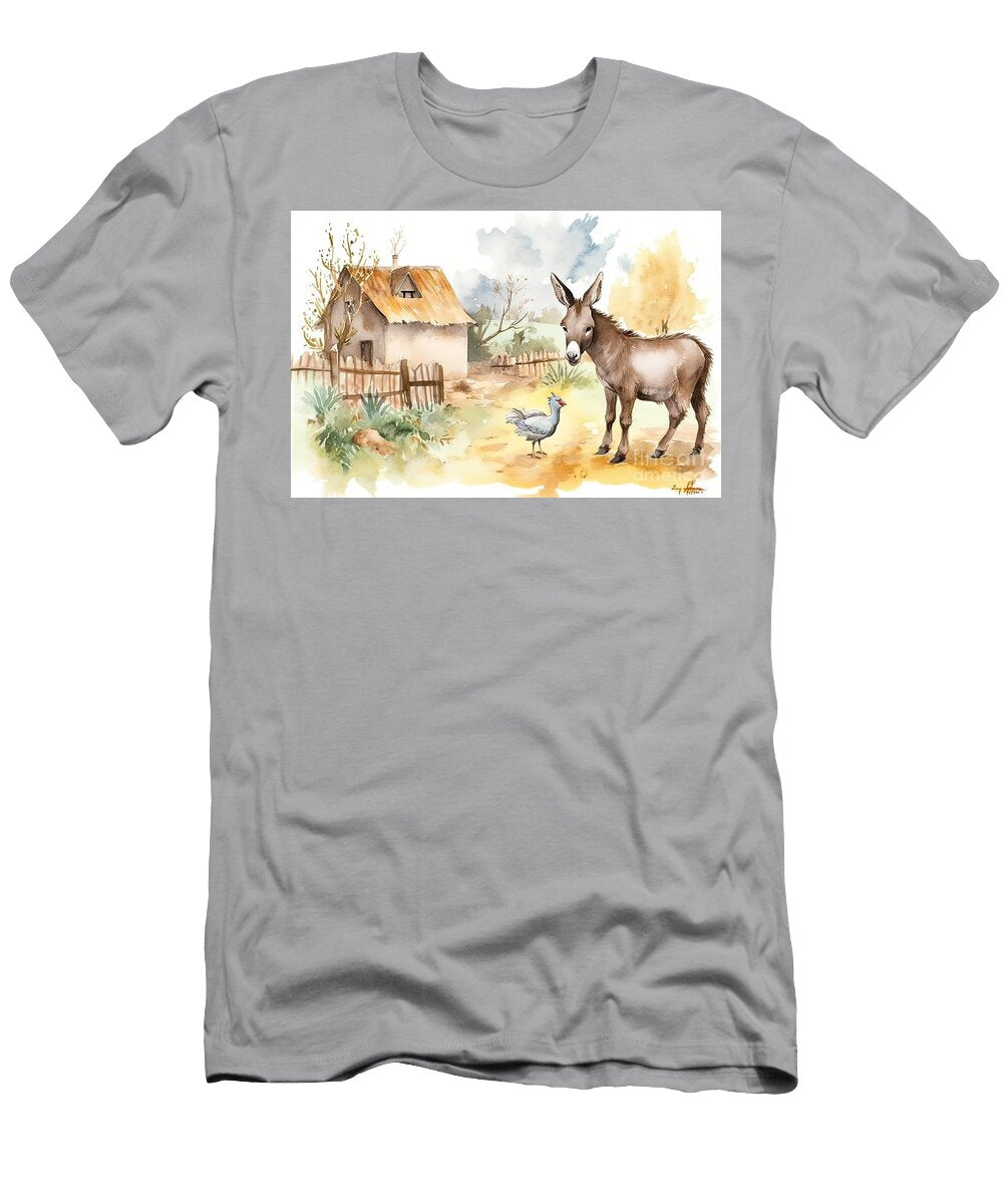 Watercolour Farm Village Composition with a Cute Little Baby Donkey and Chicken N Akkash T-Shirt