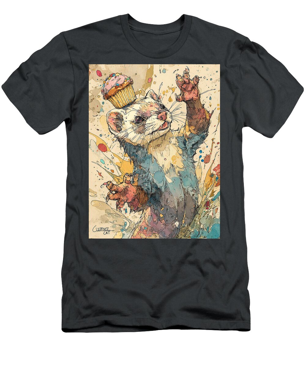 Whimsical Ferret with Cupcake Artistic Animal Portrait Grover Mcclure T-Shirt