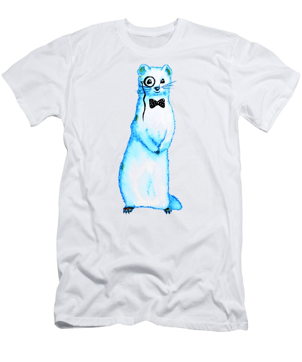 White Ferret Hipster with Monocle and Bow Tie Watercolor Drawing Boriana Giormova T-Shirt