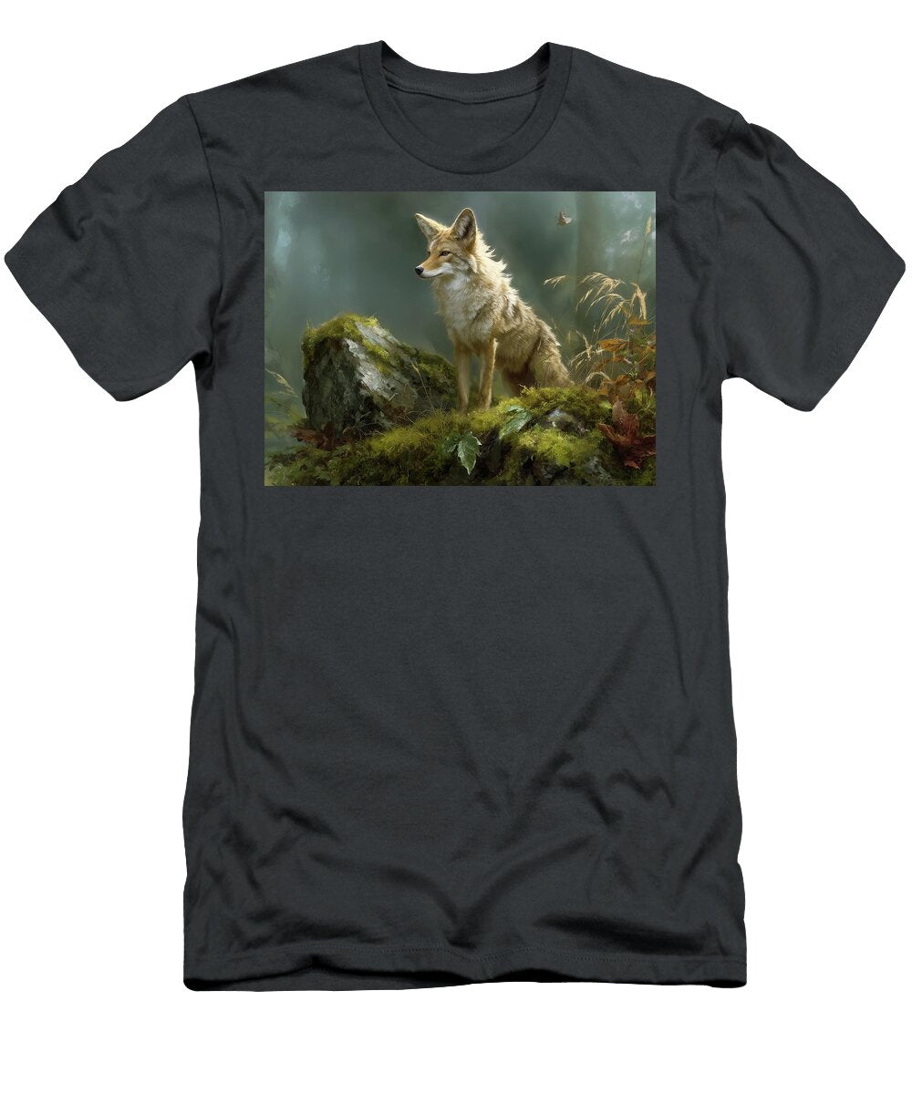 Wild Coyote Standing on Mossy Rock Mindscape Arts T-Shirt