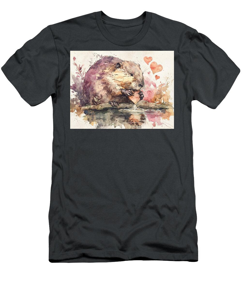 Wildlife Art Cute Beaver a Resourceful Eurasian Beaver By Its Dam Expertly Placin Watercolor Animal Elmer Powers T-Shirt