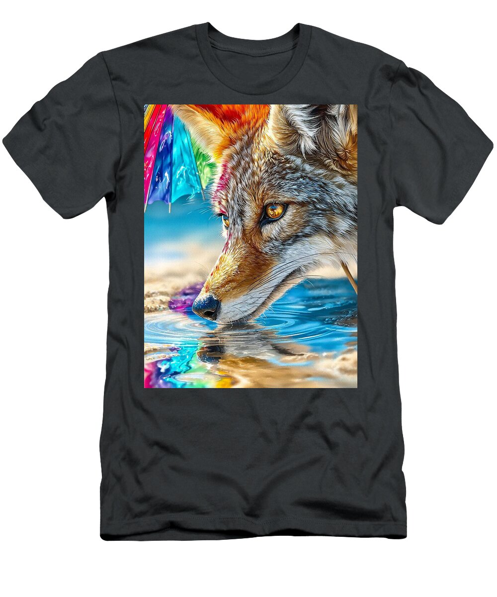 Wildlife Art Desert Fox Coyote Wily Coyote Eyeing the Drink a Desert Delight Um Animal Portrait Elmer Powers T-Shirt