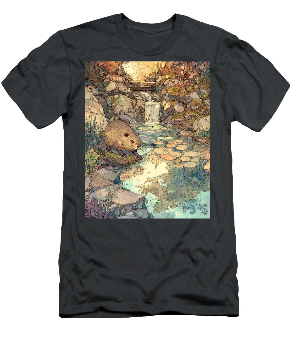 Wildlife Artwork Charming Forest Creature By a Waterfall Nature Scene Forest Creature Clint Mclaughlin T-Shirt