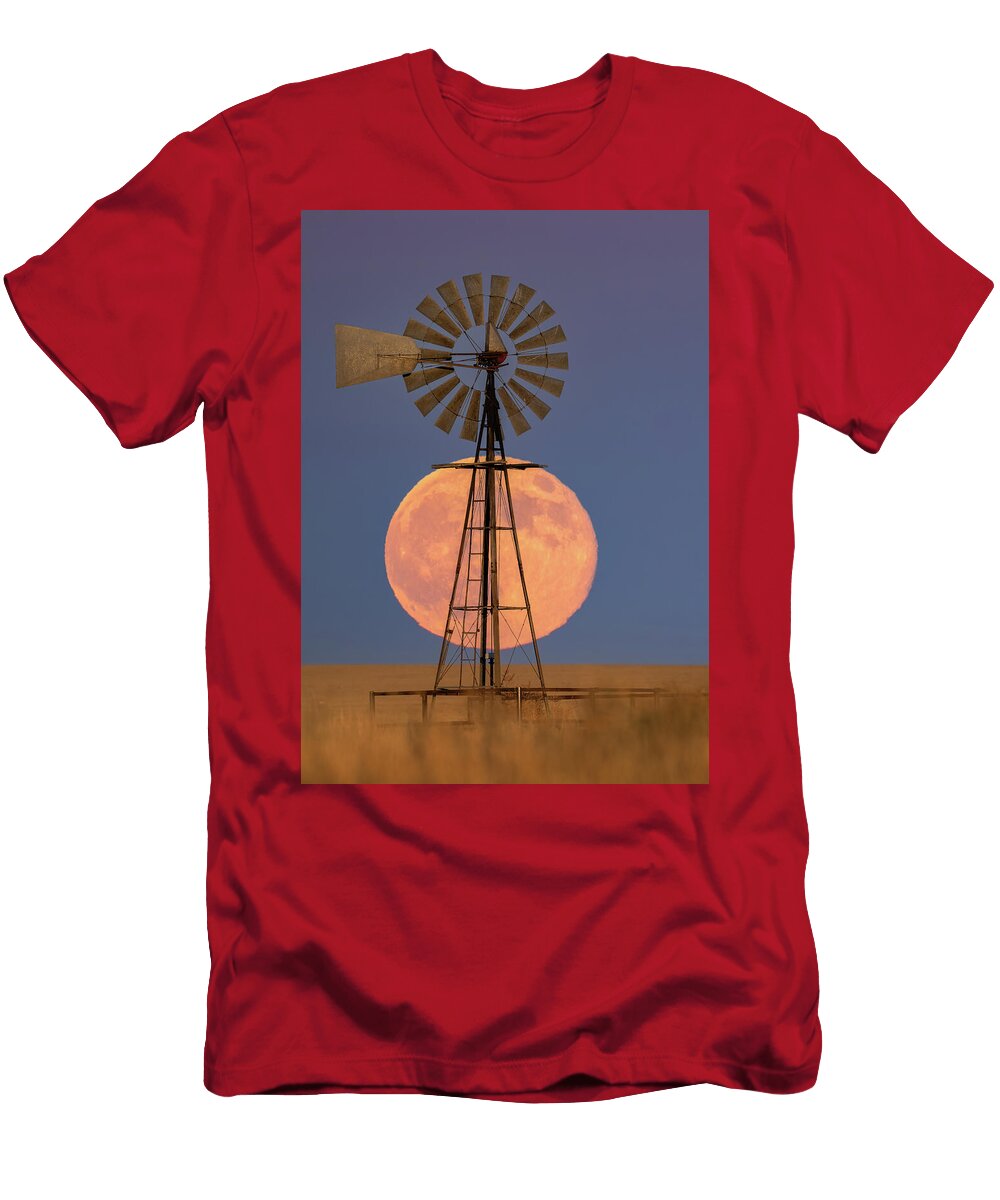 Windmill Silhouette Against Full Moon Darren White T-Shirt