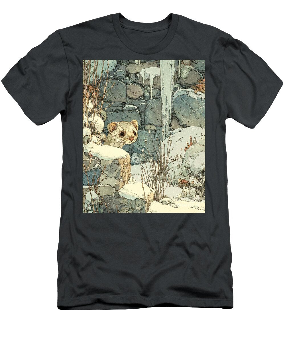 Winter Animal Hidden Ferret in Snowy Landscape Snowy Landscape Hidden Creature Clint Mclaughlin T-Shirt
