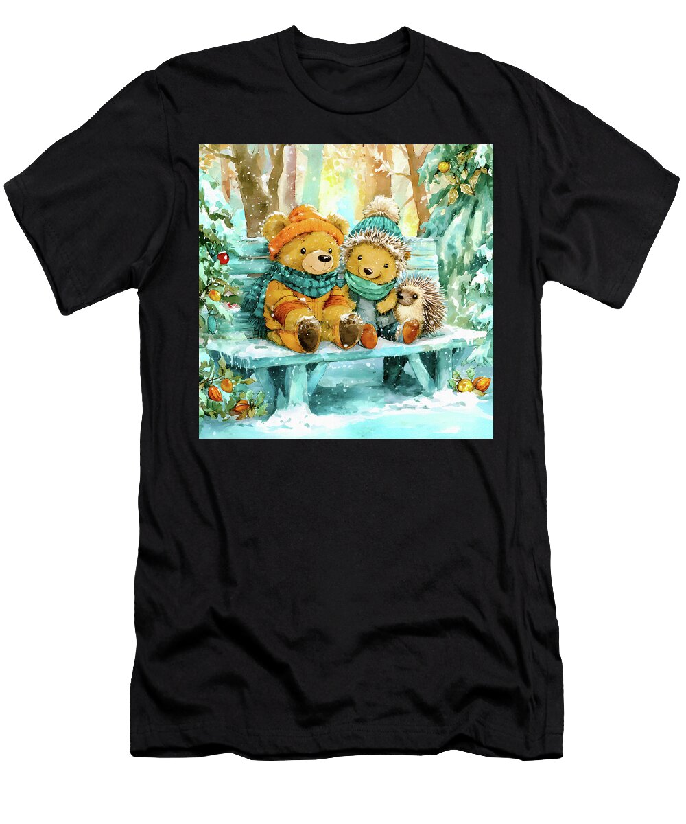 Winter Bears and Hedgehog Sitting on Snowy Bench Christmas Illustration Sj Stalter T-Shirt