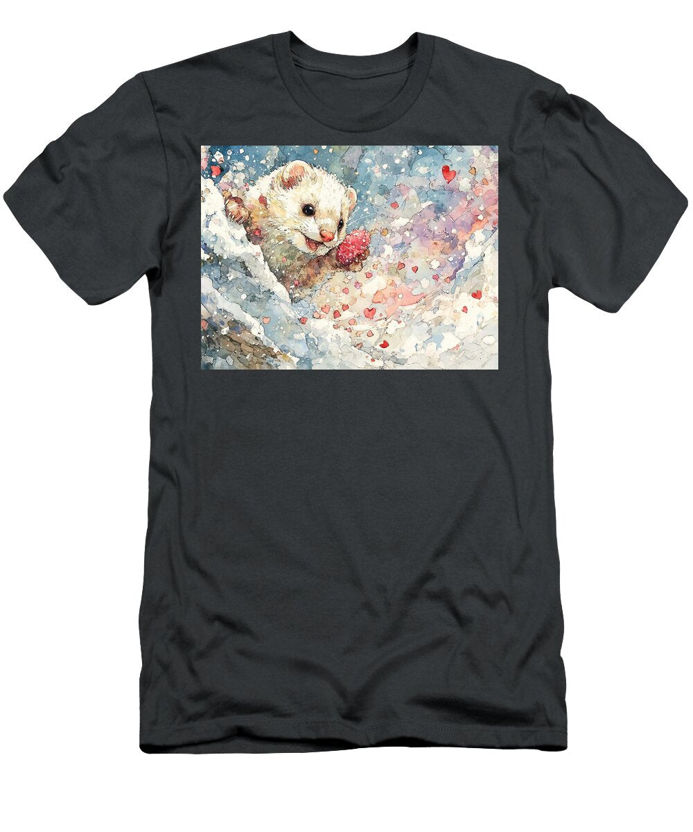 Winter Scene a Fluffy Least Weasel Popping Out of a Snow Bank Holding Fluffy Fur Cute Animal Elmer Powers T-Shirt