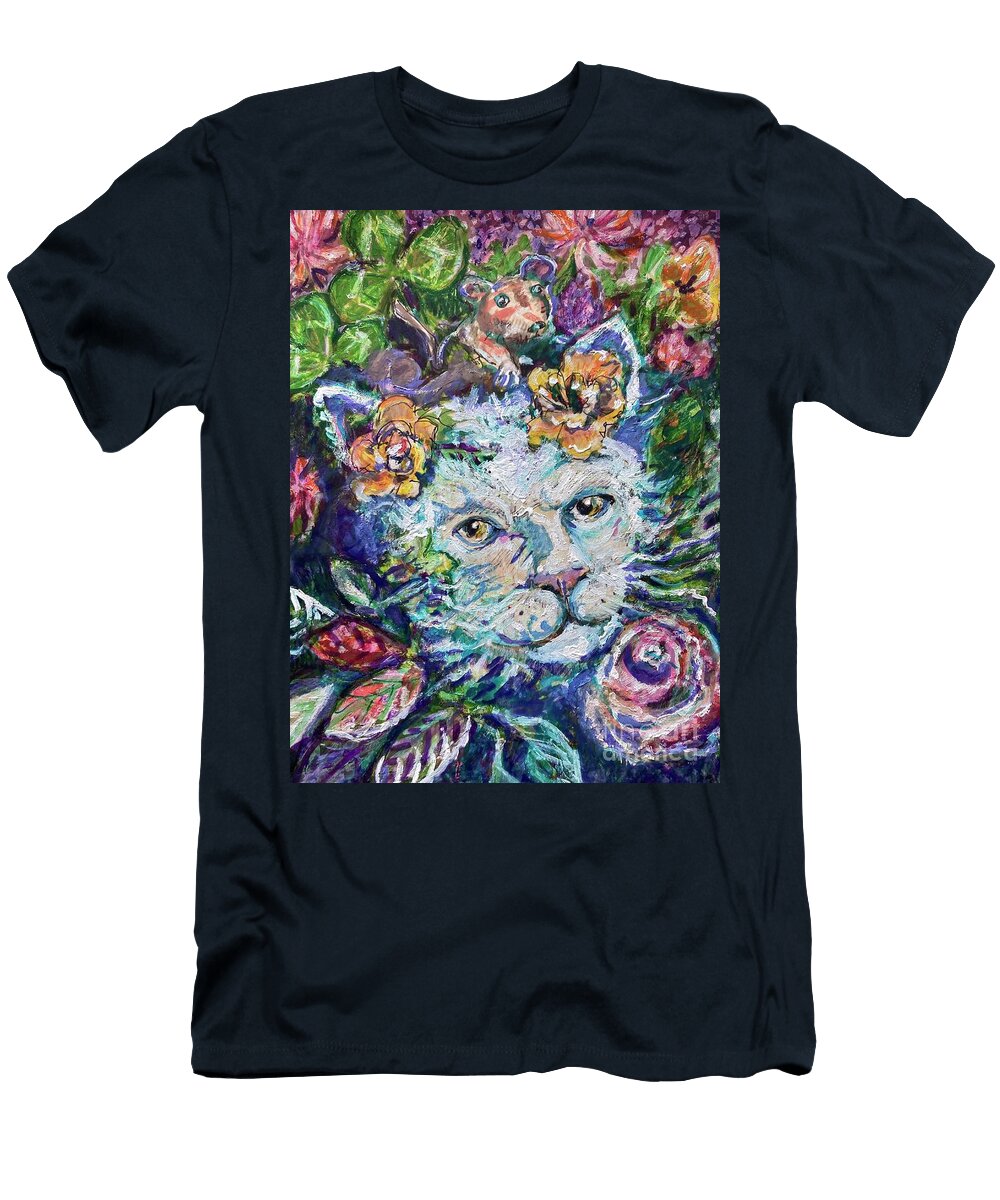 Wise White Cat with Hamster Amidst Flowers Susan Brown Slizys Art Signature Name T-Shirt