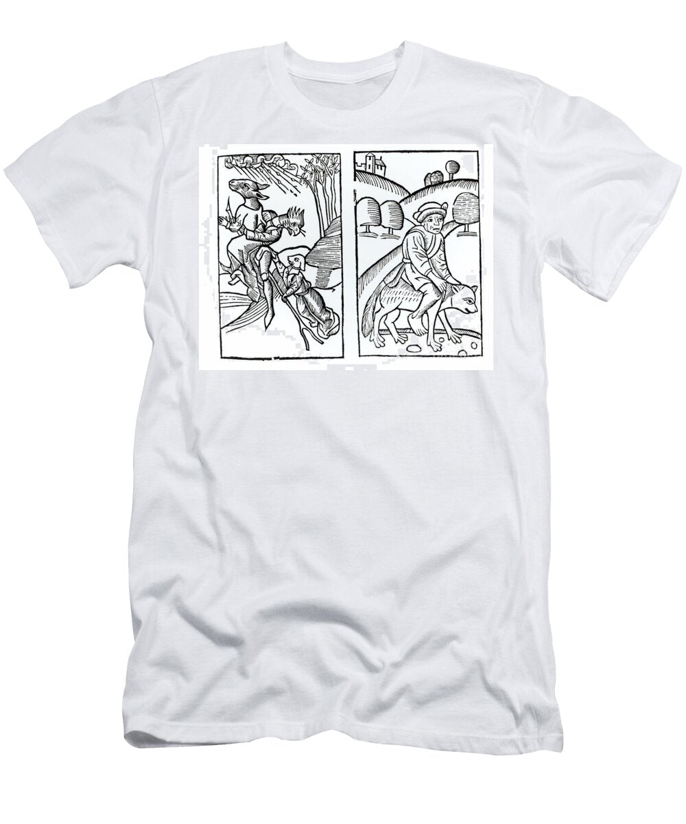 Witches Disguised As Animals Riding a Broomstick Left and Male Witch Riding a Wolf Right Italian School T-Shirt