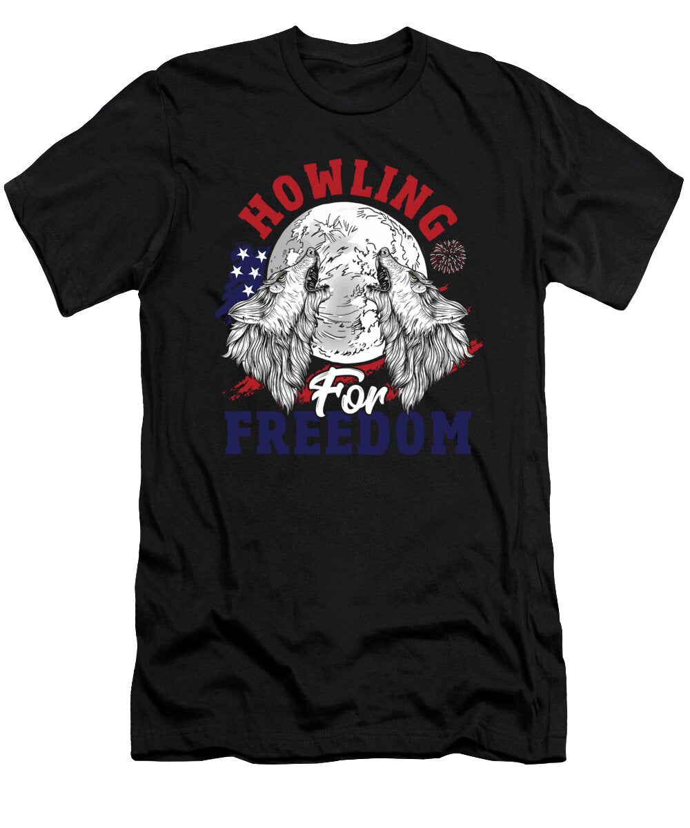 Wolf 4th of July American Flag Howling Wolves Under Moon Alessandra Roth T-Shirt