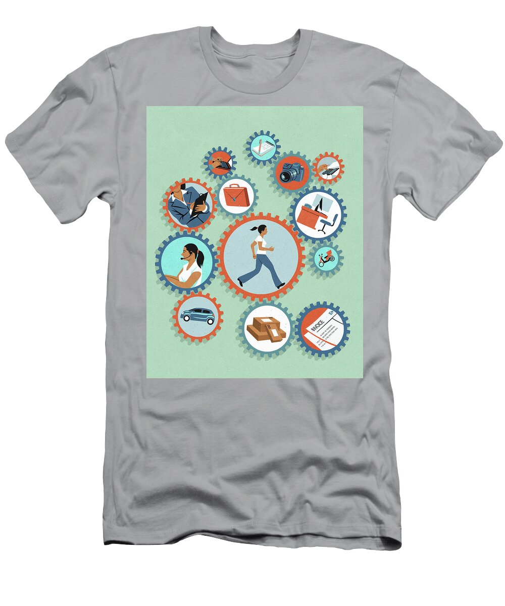 Woman Running Inside of Cogs Balancing Ikon Ikon Images T-Shirt
