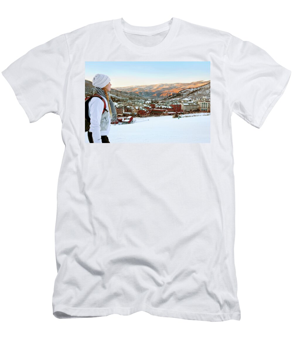 Woman with a Backpack Looks Leslie Parrott T-Shirt