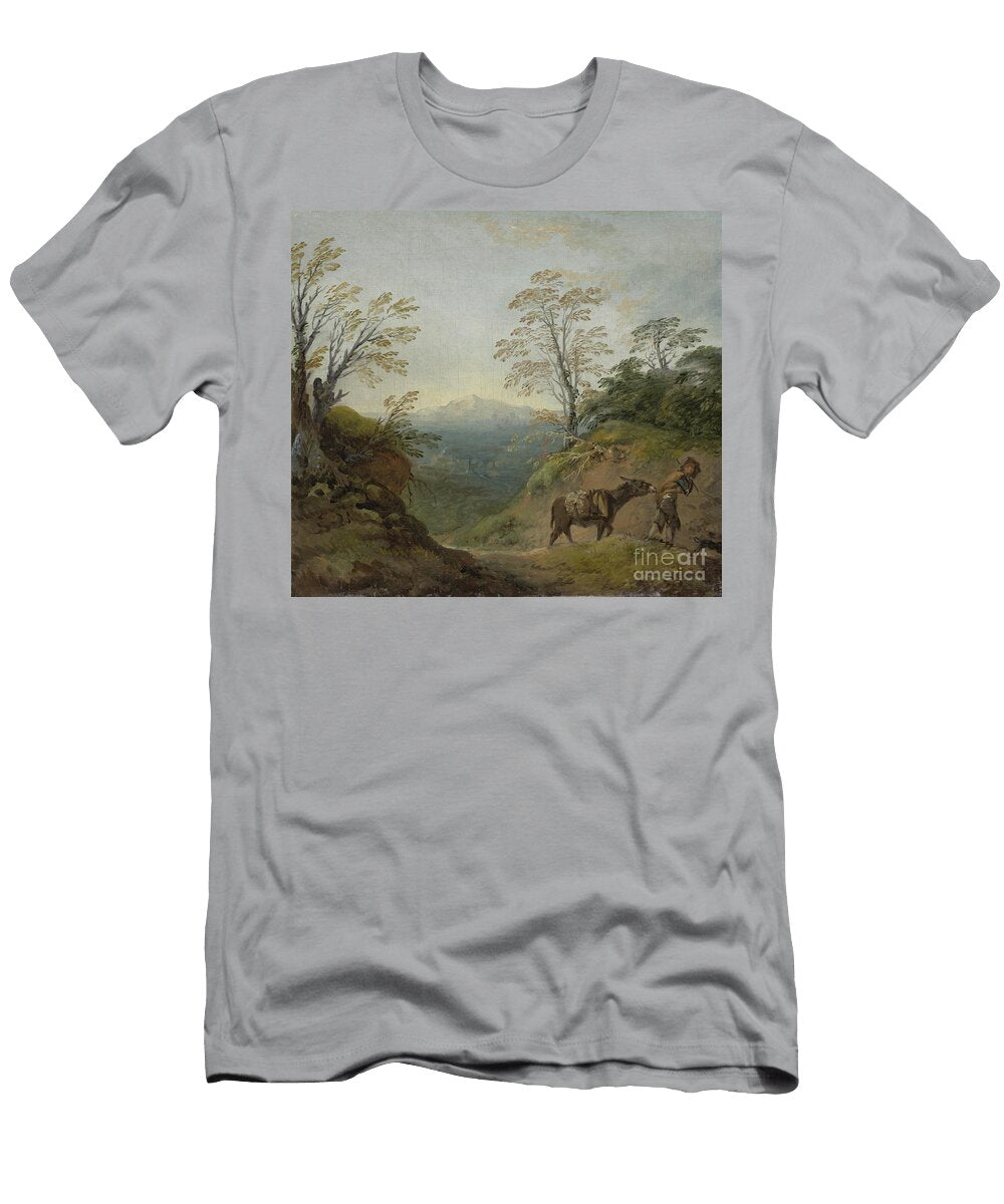 Wooded Landscape with a Boy Leading a Donkey and Dog and an Extensive Panorama with Buildings and Distant Hills Early 1760s Thomas Gainsborough T-Shirt