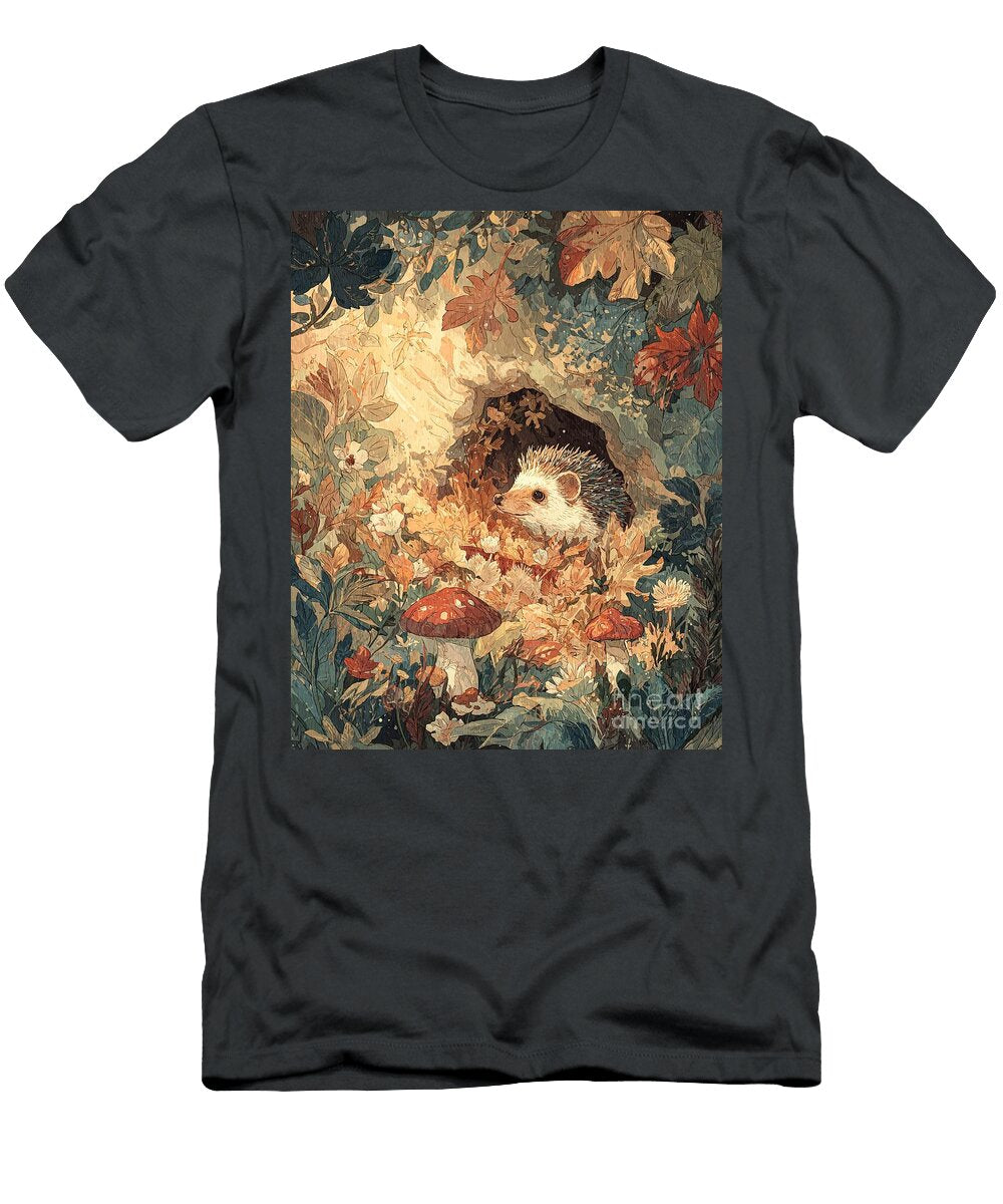 Woodland Creature Hedgehog in Autumnal Forest Retreat Hedgehog Portrait Autumnal Scene Clint Mclaughlin T-Shirt
