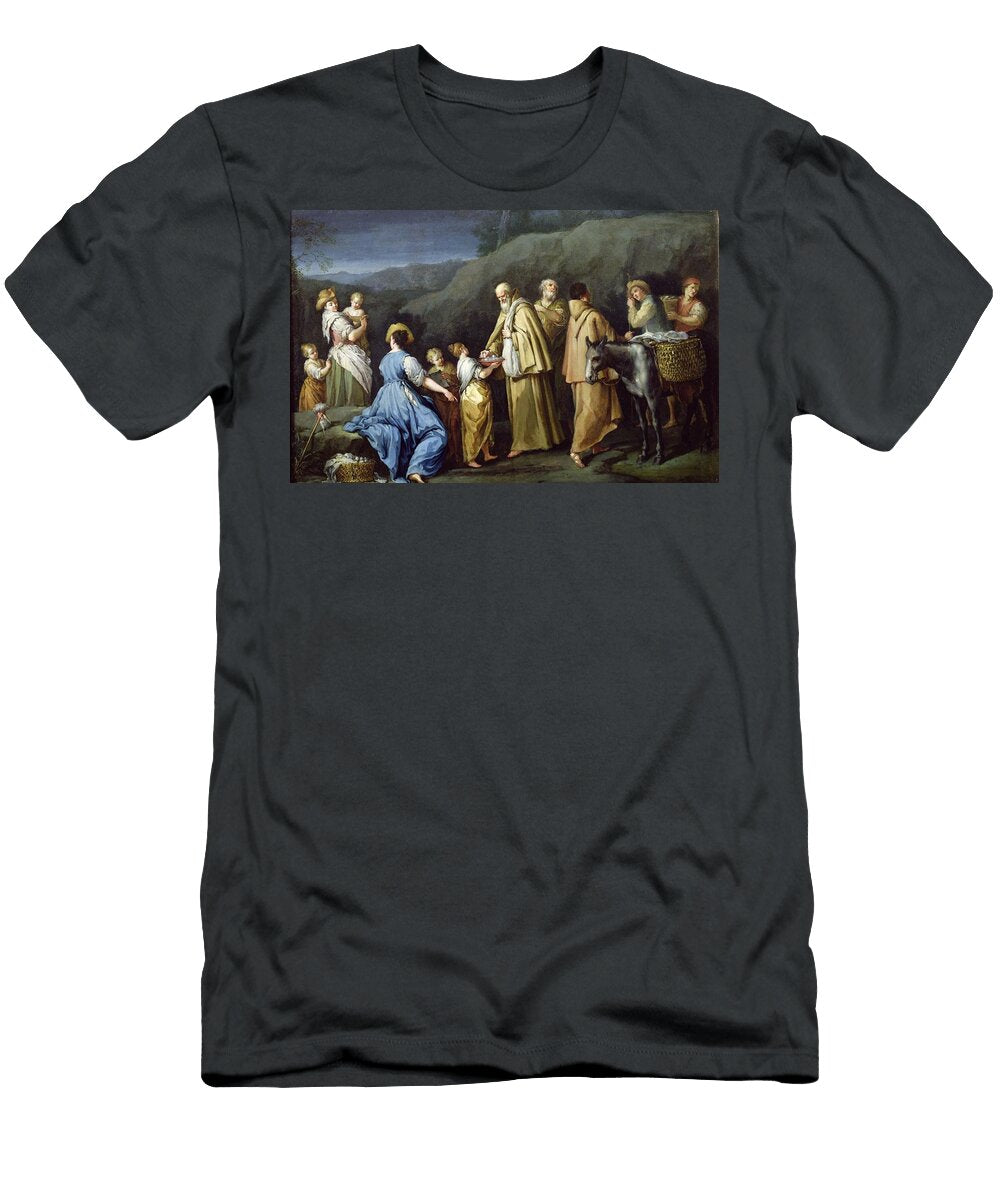 Young Girl Offering Eggs to a Group of Monks Oil on Copper Giuseppe Gambarini T-Shirt