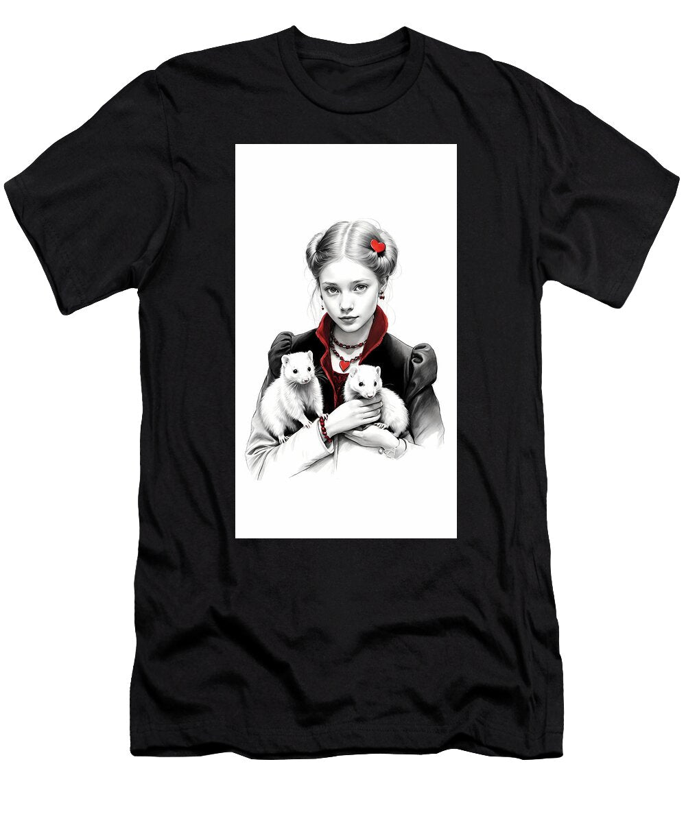 Young Girl with White Ferrets in Victorian Style Black and Red Dress Jon Fennel T-Shirt